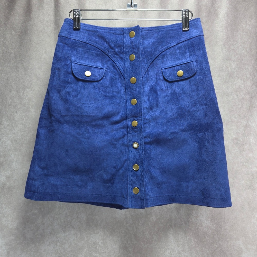 Anthropologie Sapphire Blue Suede Leather Button Front Mini Skirt Size 2 Western